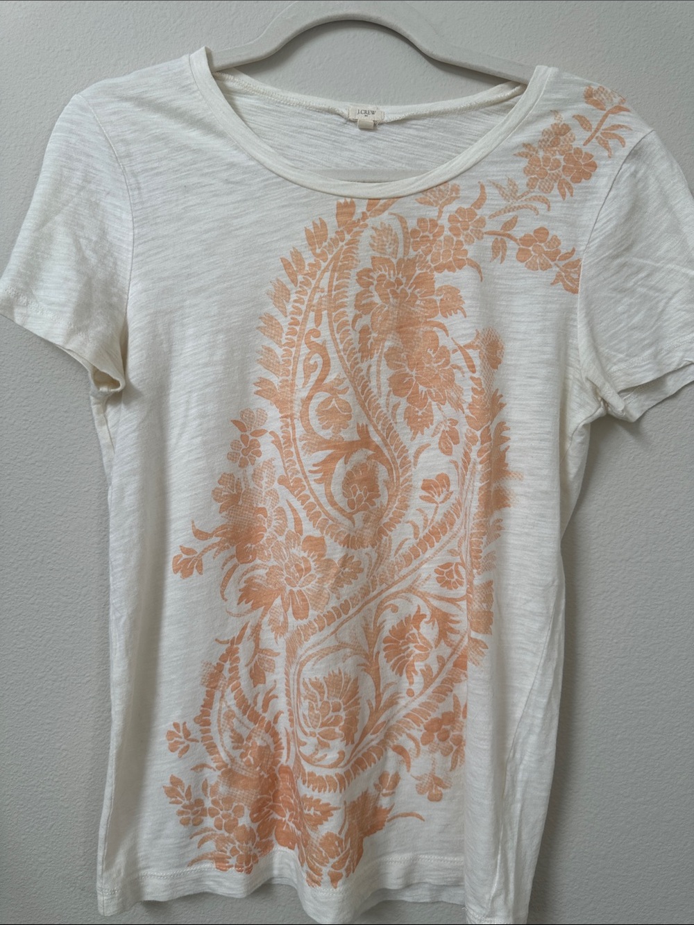 J. Crew Cream Short Sleeve Tee with Peach Paisley Floral Print